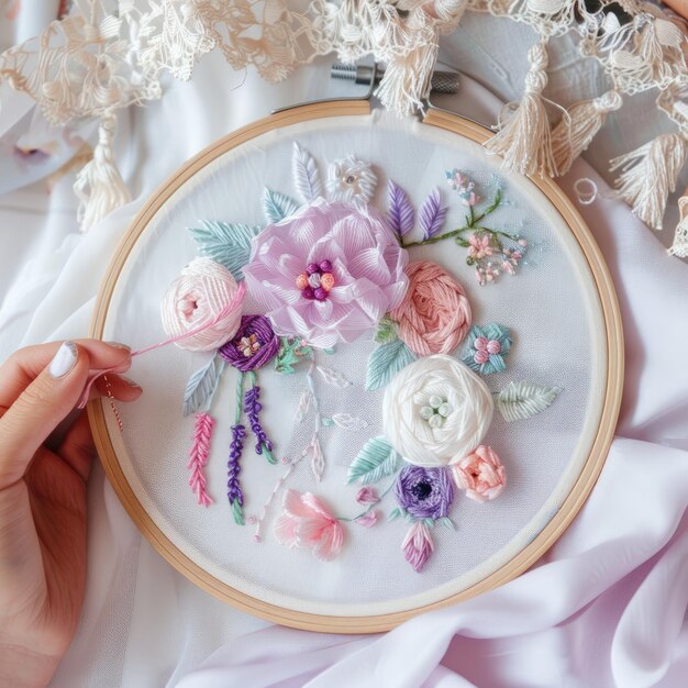 Osoba haftująca delikatny kwiatowy wzór